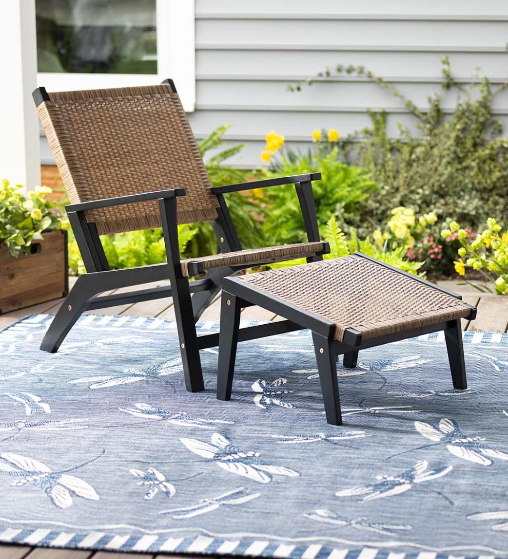 Plow &amp; Hearth Outdoor Wicker | Outdoor Living Claytor Eucalyptus Outdoor Furniture, Chair And Ottoman, 2-Piece Set - Black