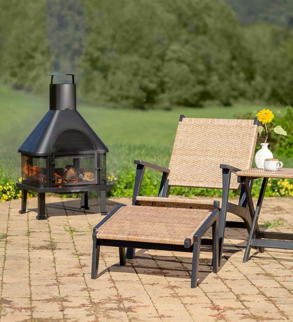 Plow &amp; Hearth Outdoor Wicker | Outdoor Living Claytor Eucalyptus Outdoor Furniture, Chair And Ottoman, 2-Piece Set - Black