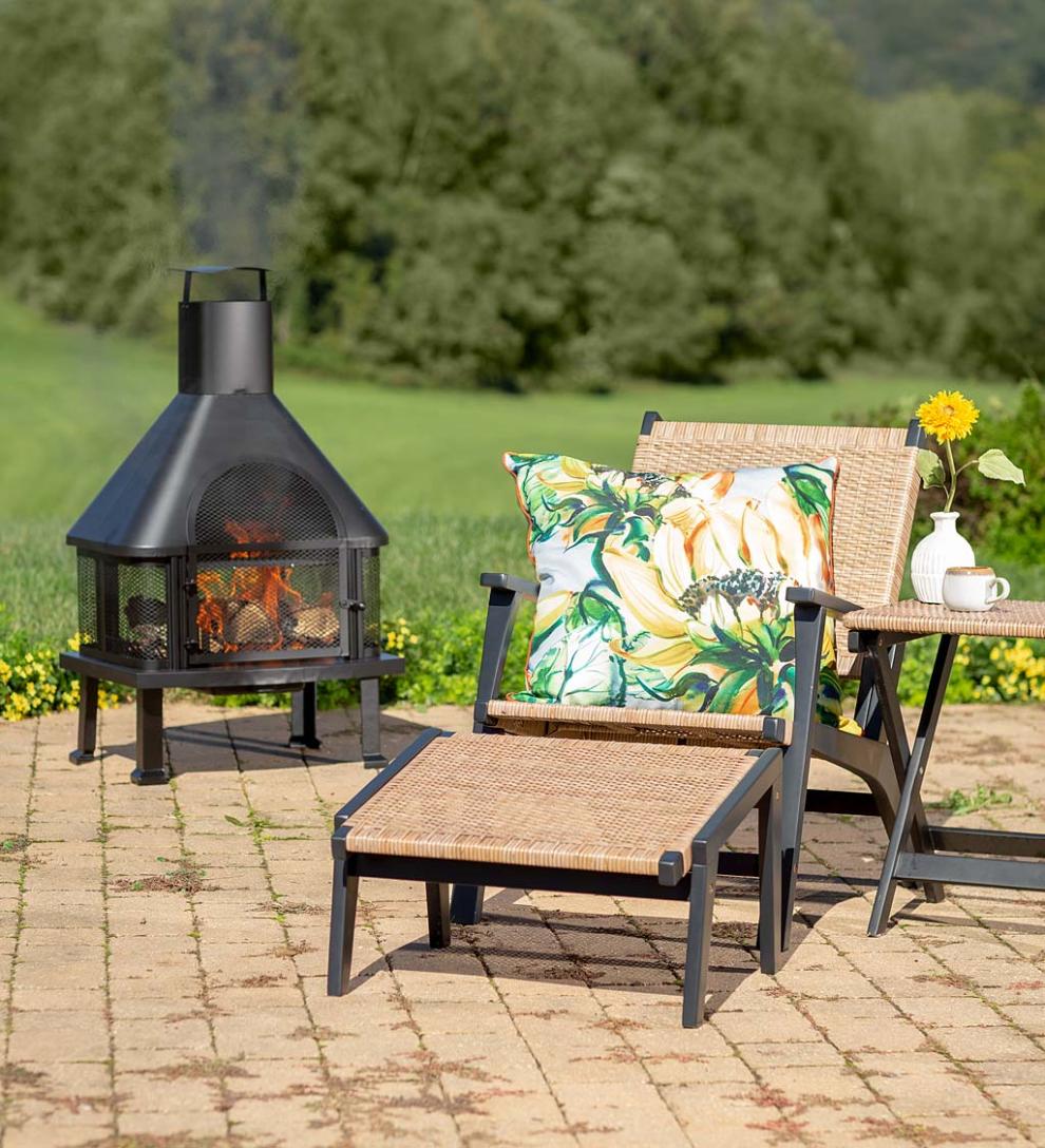 Plow &amp; Hearth Outdoor Wicker | Outdoor Living Claytor Eucalyptus Outdoor Furniture, Chair And Ottoman, 2-Piece Set - Black