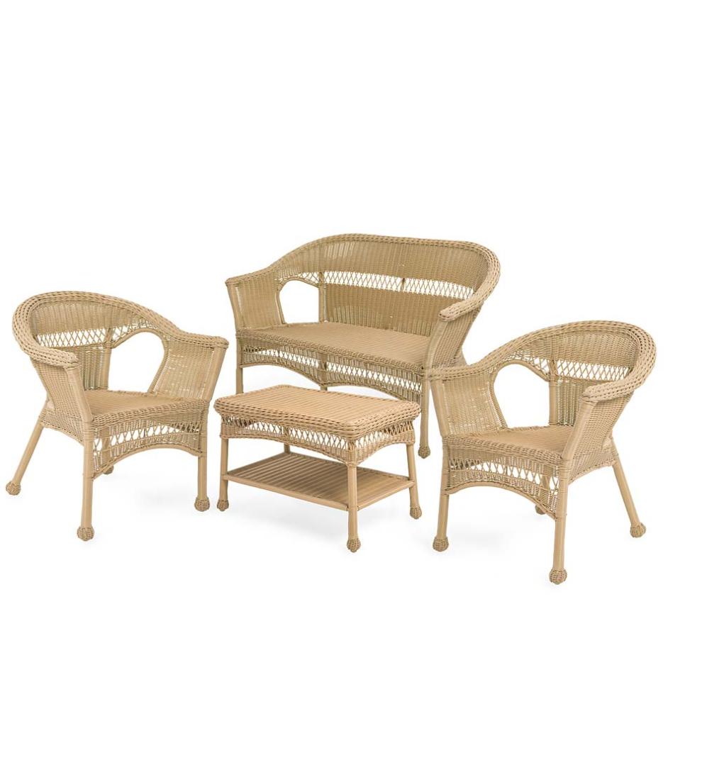 Plow &amp; Hearth Outdoor Wicker | Outdoor Living Easy Care Resin Wicker Love Seat, Chairs And Coffee Table Set