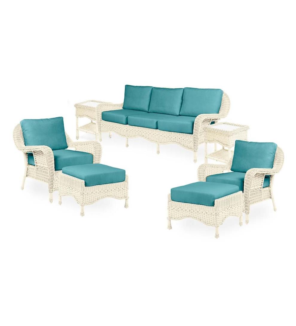 Plow &amp; Hearth Outdoor Wicker | Outdoor Living Prospect Hill Outdoor Wicker Deep Seating Sofa Set With Cushions - Cloud White With Forest Green Cushions