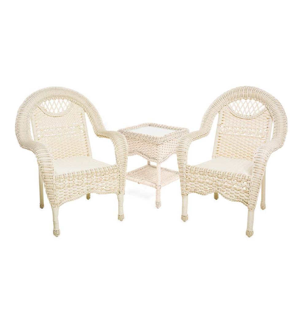 Plow &amp; Hearth Outdoor Wicker | Outdoor Living Prospect Hill Wicker Set Of Two Chairs And End Table - Cloud White