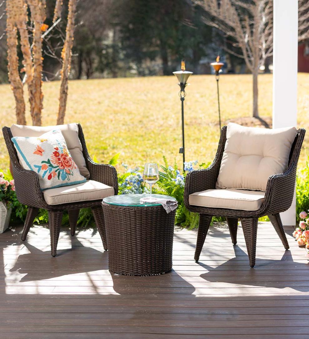 Plow &amp; Hearth Outdoor Wicker | Outdoor Living Wicker Chairs With Cushions And Table, 3-Piece Set
