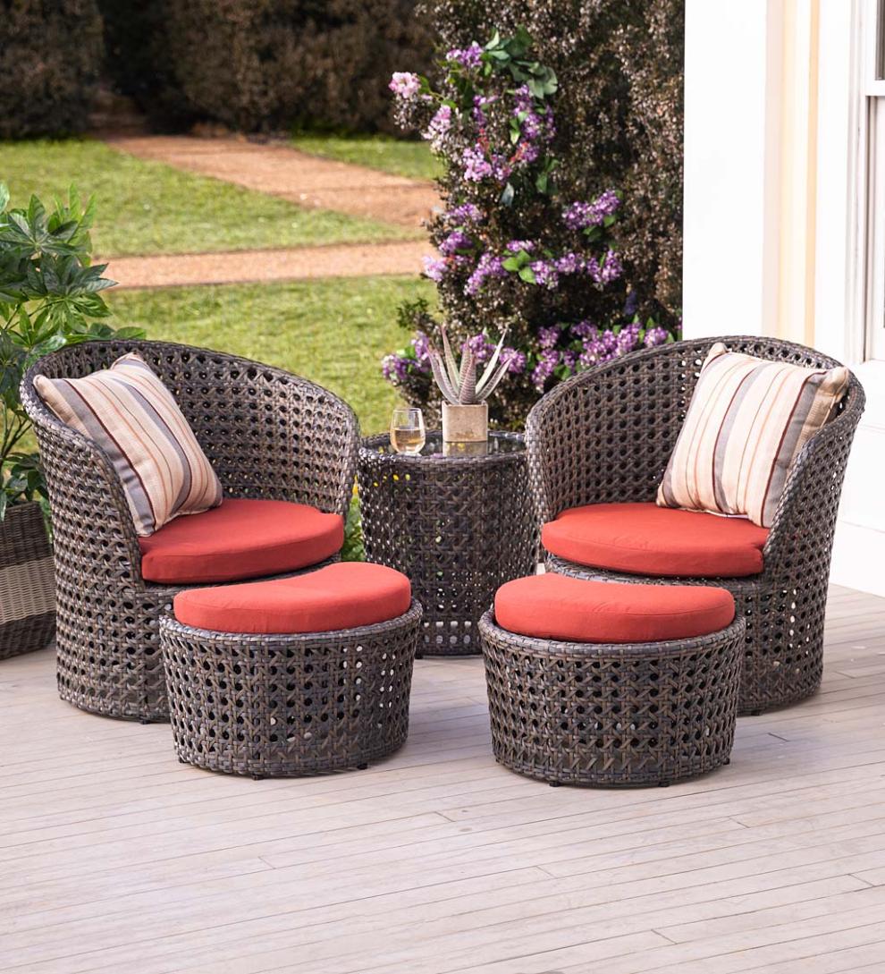 Plow &amp; Hearth Outdoor Wicker | Outdoor Living Wicker Conversation Set With Ottomans And Sunbrella Cushions, 5-Piece
