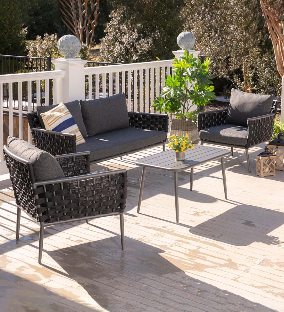 Plow &amp; Hearth Outdoor Wicker | Outdoor Living Woven Outdoor Lounge Set With Cushions, 4-Piece - Black