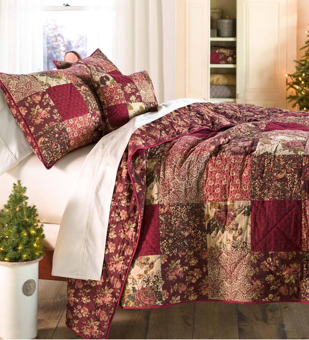 Plow &amp; Hearth Quilts &amp; Bedspreads | Indoor Living Cranberry Floral Patchwork Quilt Set