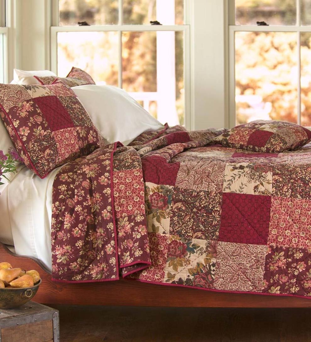 Plow &amp; Hearth Quilts &amp; Bedspreads | Indoor Living Cranberry Floral Patchwork Quilt Set