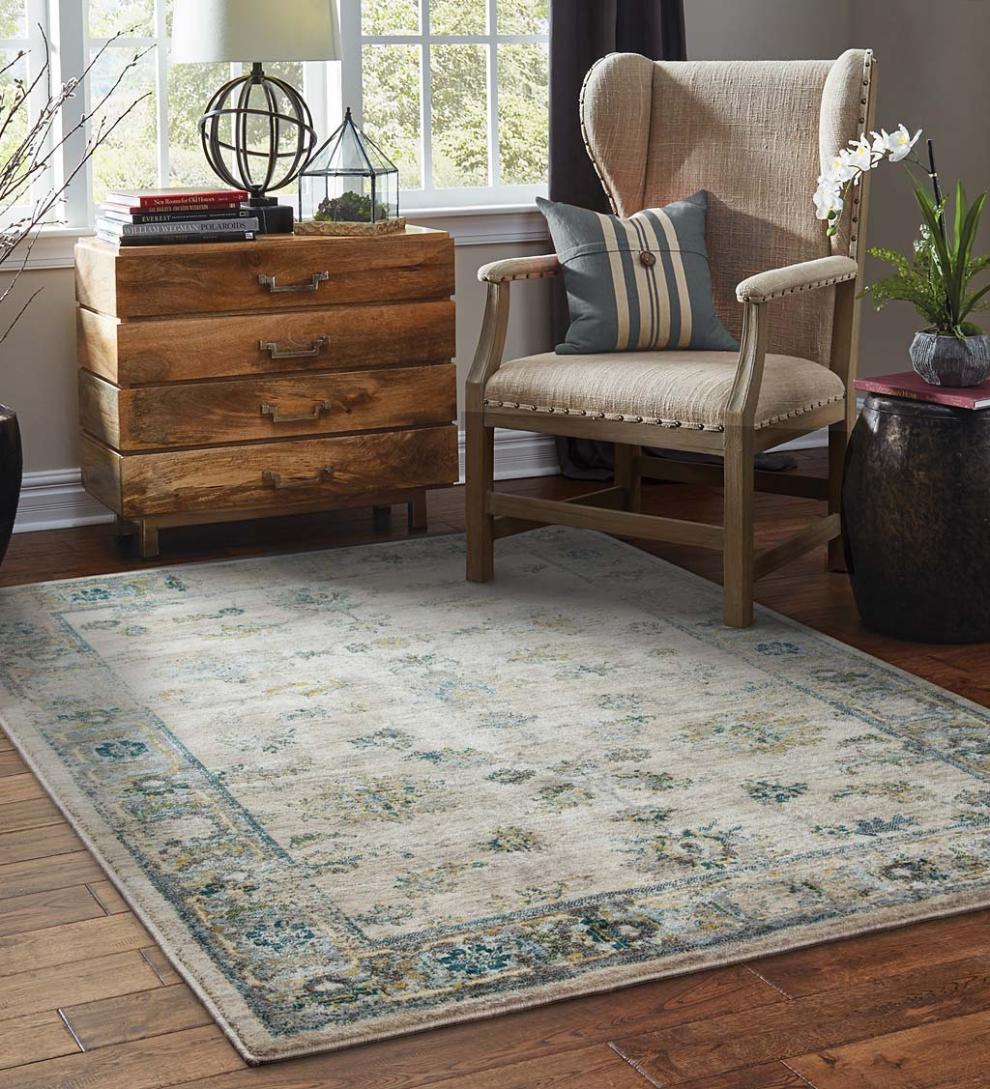 Plow &amp; Hearth Synthetic Rugs | Indoor Living Covington Ivory And Blue Antiqued Floral Rug