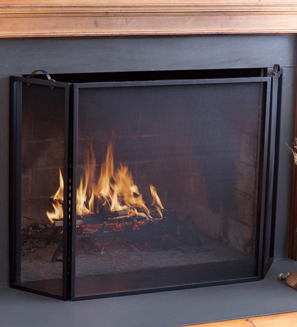 Plow &amp; Hearth Tri-Panel Fireplace Screens | Fireplace &amp; Hearth Classic Tri-Fold Flat-Guard Fire Screen - Black