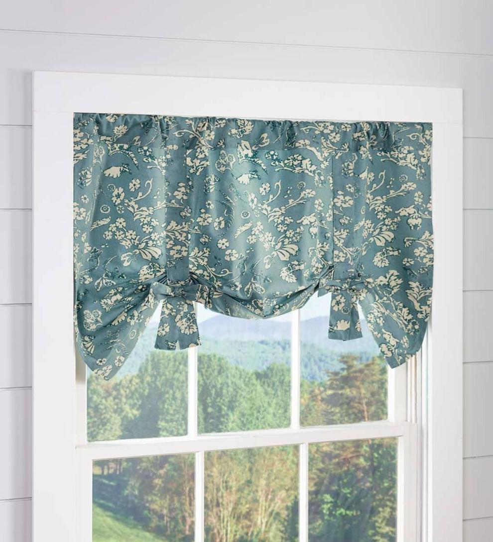 Plow &amp; Hearth Valances | Indoor Living Floral Damask Bow Tie Window Valance - Blue