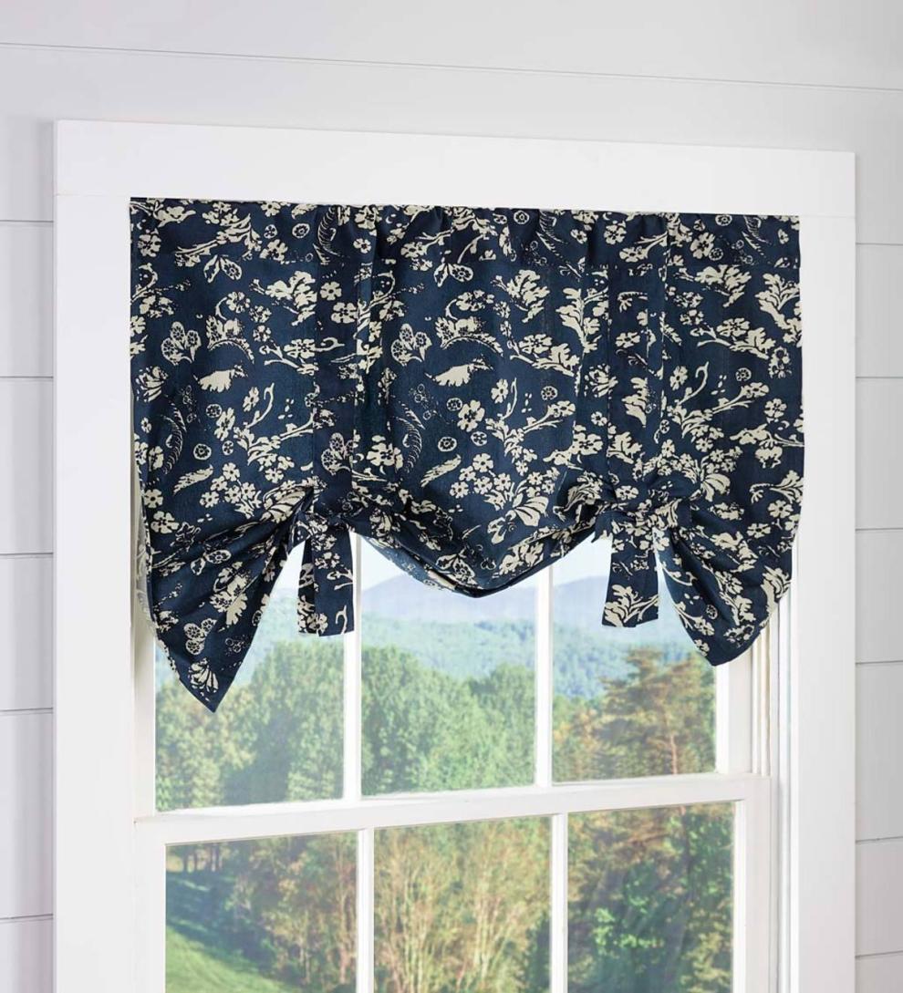 Plow &amp; Hearth Valances | Indoor Living Floral Damask Bow Tie Window Valance - Blue