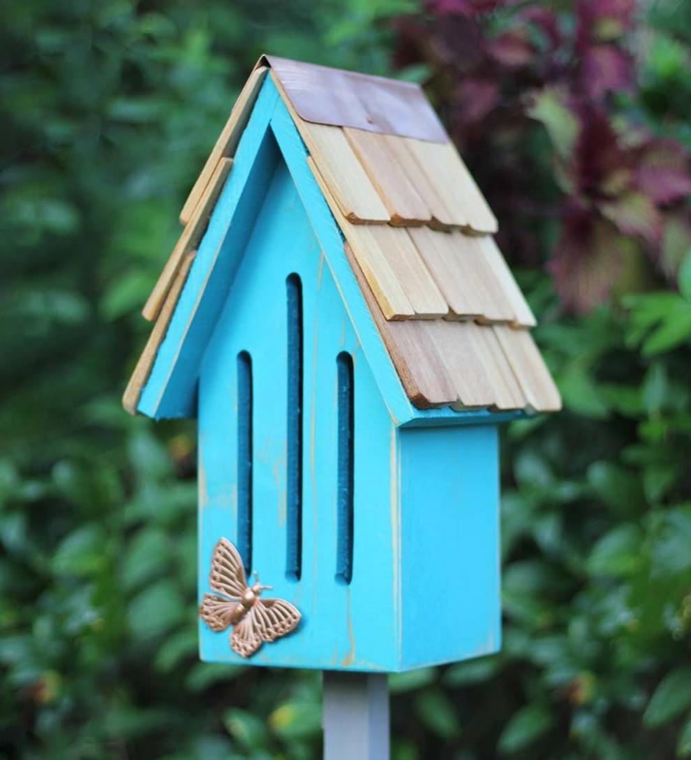 Plow &amp; Hearth Wildlife Housing | Yard &amp; Garden Butterfly Breeze Cypress Butterfly House - Blue