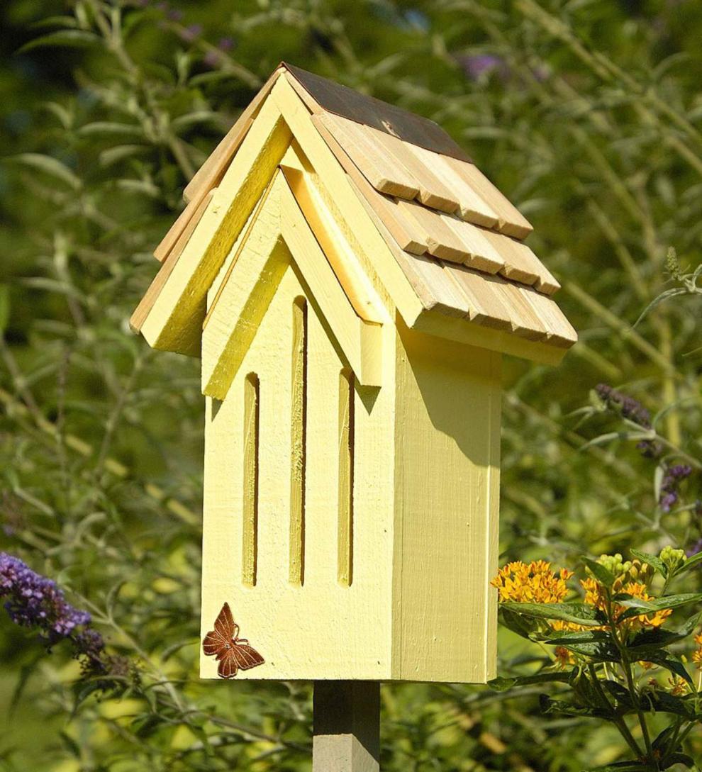 Plow &amp; Hearth Wildlife Housing | Yard &amp; Garden Mademoiselle Wood Butterfly House Shelter With Pole - Red