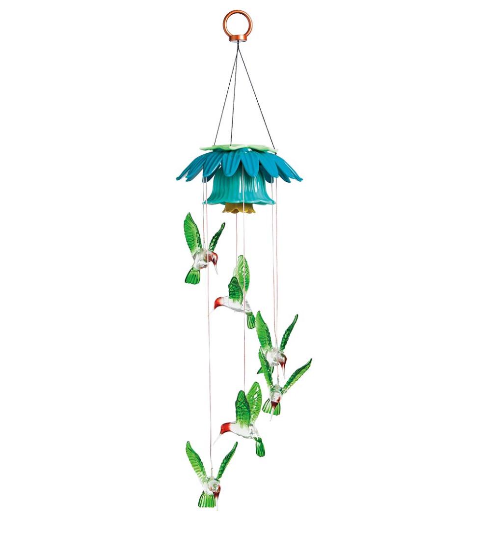 Plow &amp; Hearth Wind Chimes &amp; Mobiles | Outdoor Living Color Changing Hummingbirds Solar Mobile With Flower Top