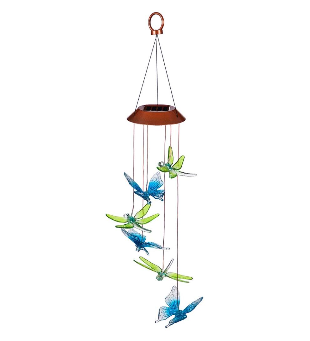 Plow &amp; Hearth Wind Chimes &amp; Mobiles | Outdoor Living Color Changing Solar Mobile With Dragonflies And Butterflies