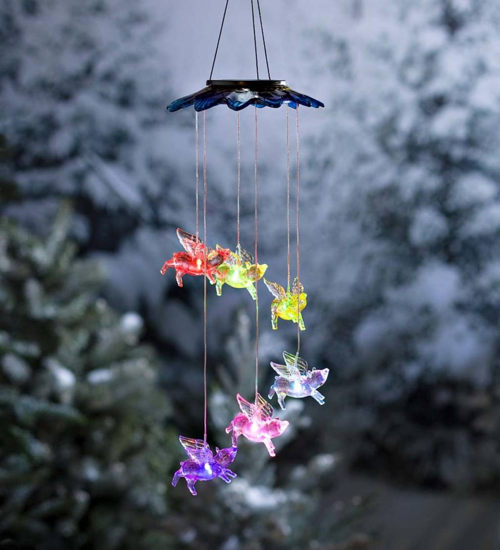Plow &amp; Hearth Wind Chimes &amp; Mobiles | Outdoor Living Color Changing Solar Mobile With Flying Pigs