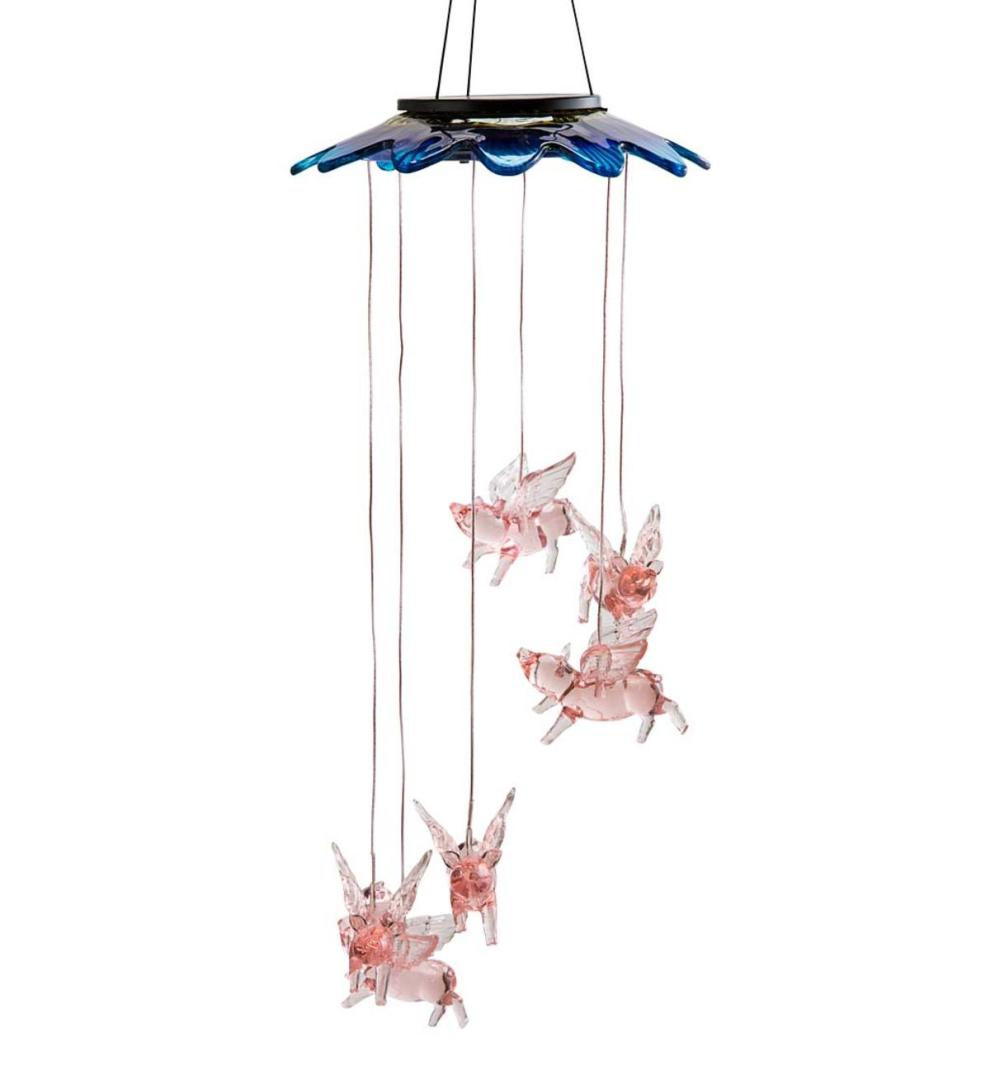 Plow &amp; Hearth Wind Chimes &amp; Mobiles | Outdoor Living Color Changing Solar Mobile With Flying Pigs