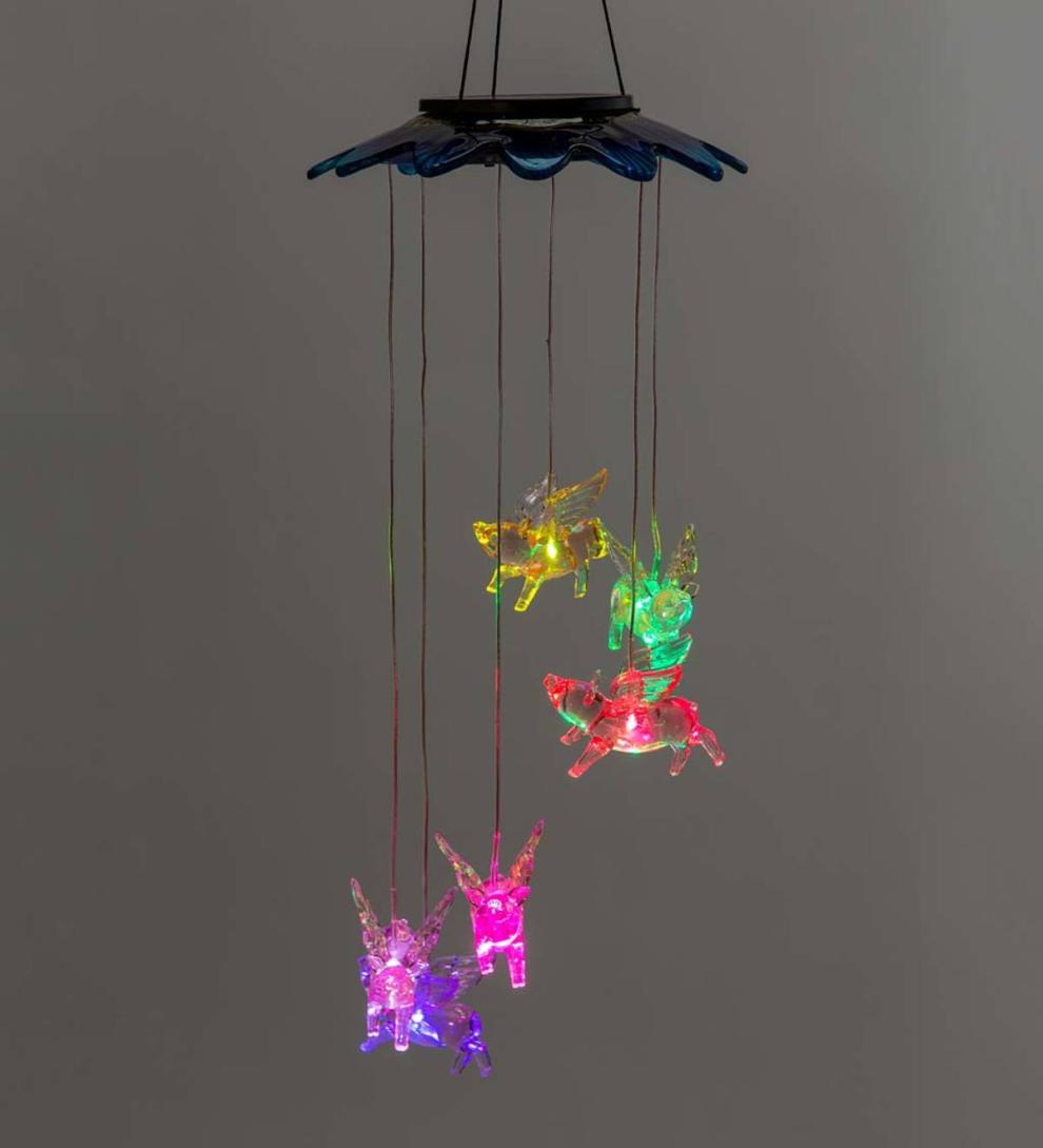 Plow &amp; Hearth Wind Chimes &amp; Mobiles | Outdoor Living Color Changing Solar Mobile With Flying Pigs