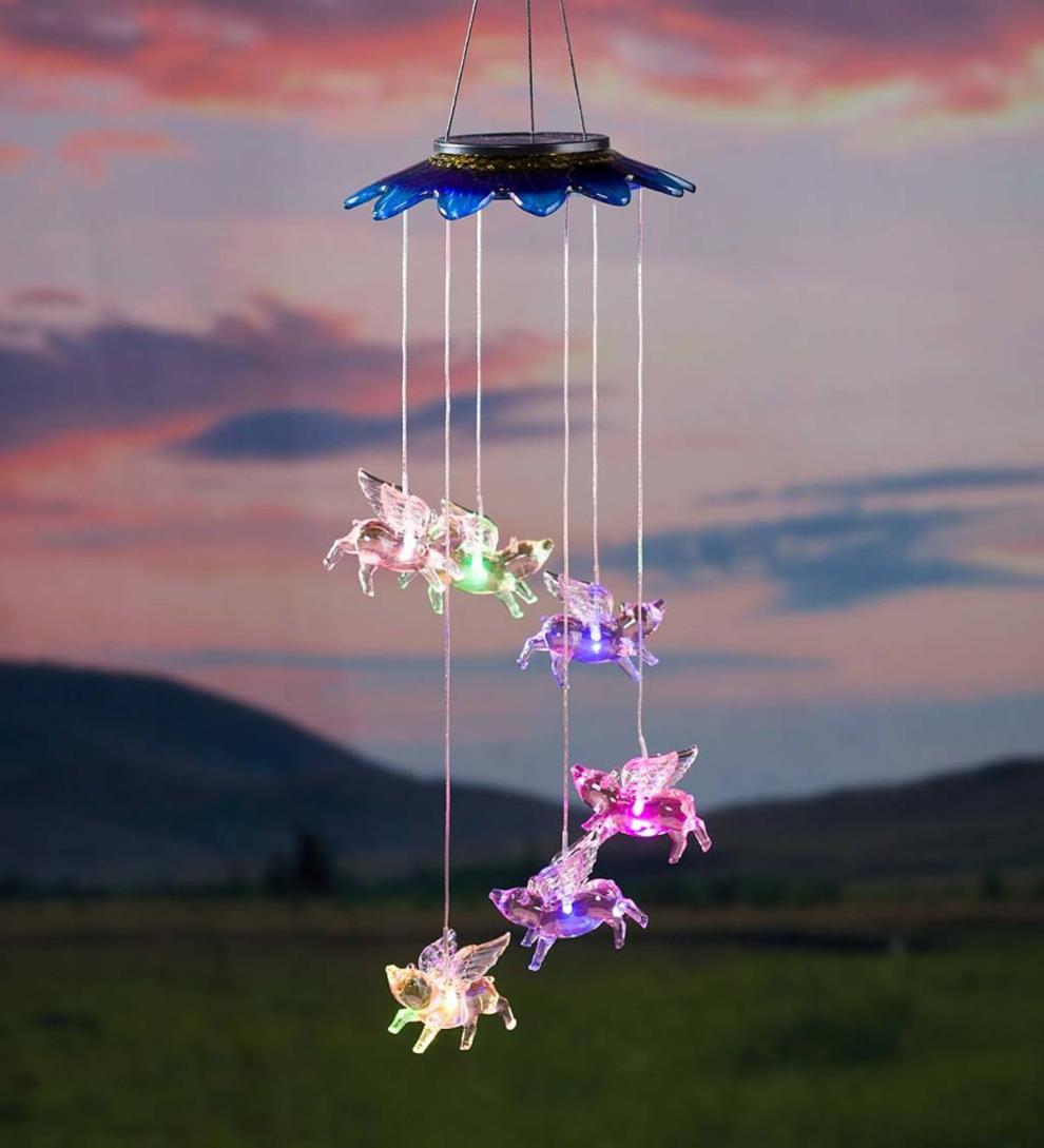 Plow &amp; Hearth Wind Chimes &amp; Mobiles | Outdoor Living Color Changing Solar Mobile With Flying Pigs