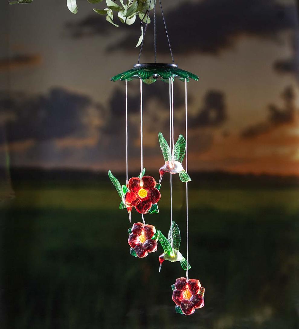Plow &amp; Hearth Wind Chimes &amp; Mobiles | Outdoor Living Color Changing Solar Mobile With Hummingbirds And Flowers