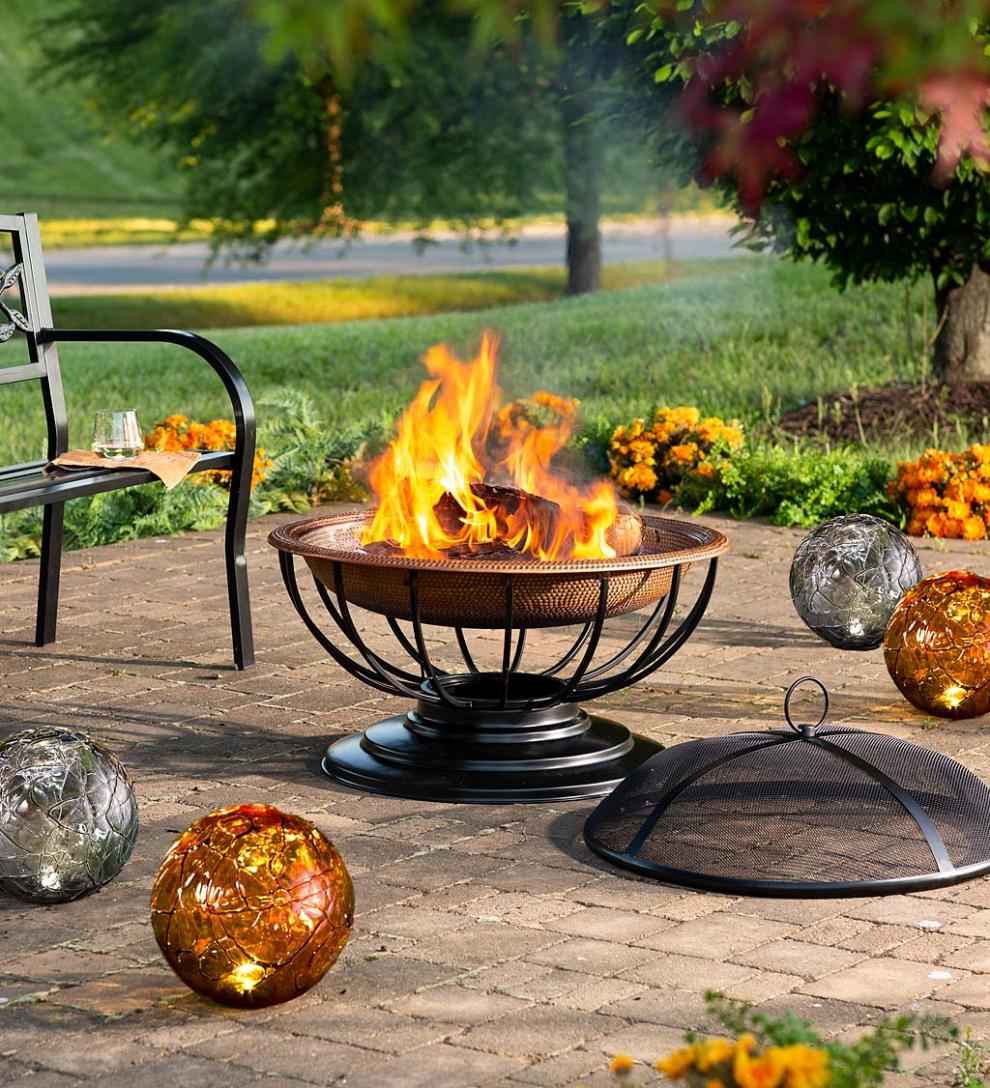 Plow &amp; Hearth Wood Burning Fire Pits | Fireplace &amp; Hearth Hammered Copper Fire Pit With Lid Converts To Table