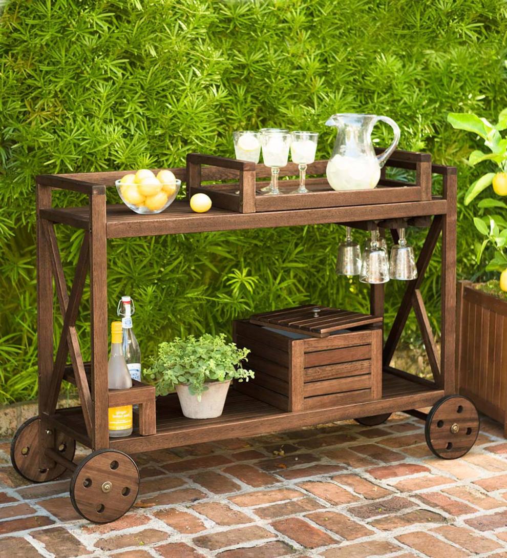 Plow &amp; Hearth Wood Furniture | Outdoor Living Claremont Eucalyptus Rolling Outdoor Bar Cart - Natural