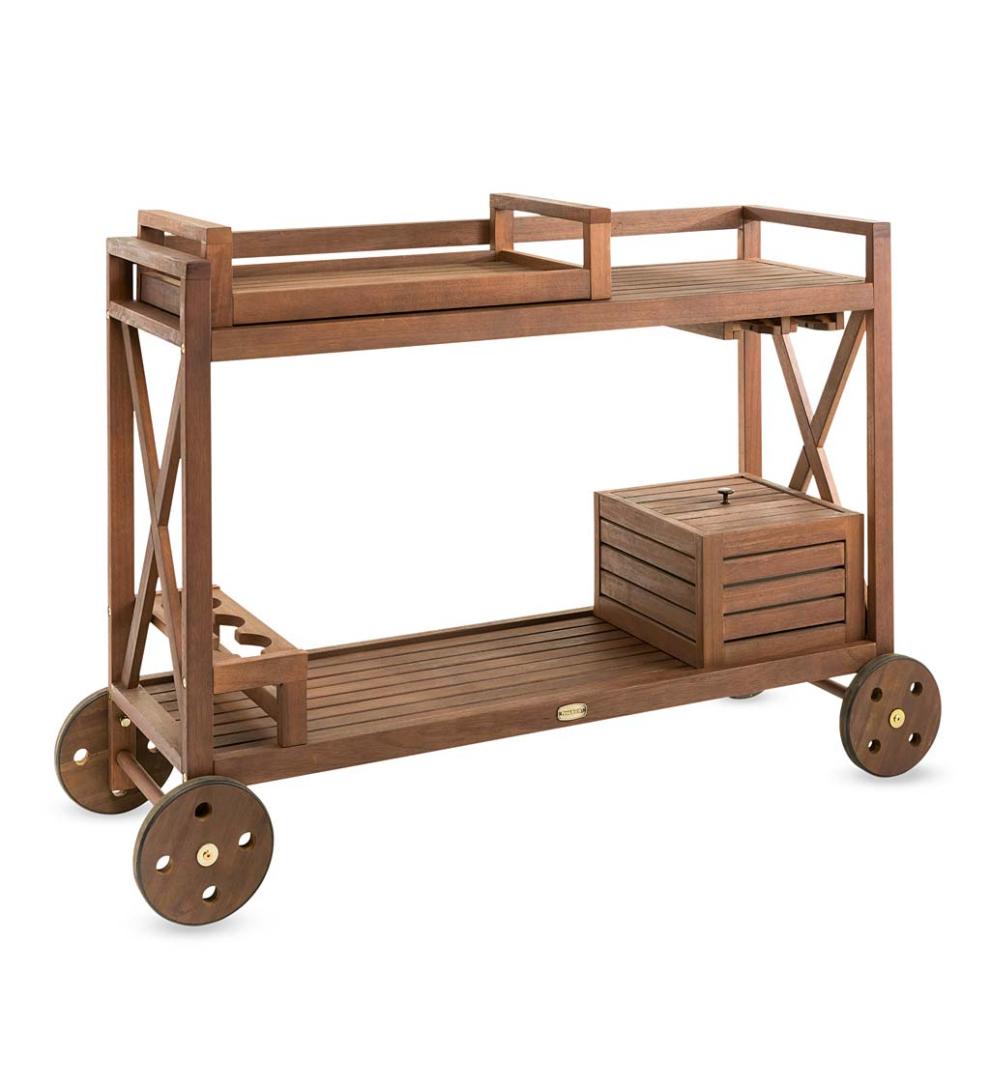 Plow &amp; Hearth Wood Furniture | Outdoor Living Claremont Eucalyptus Rolling Outdoor Bar Cart - Natural