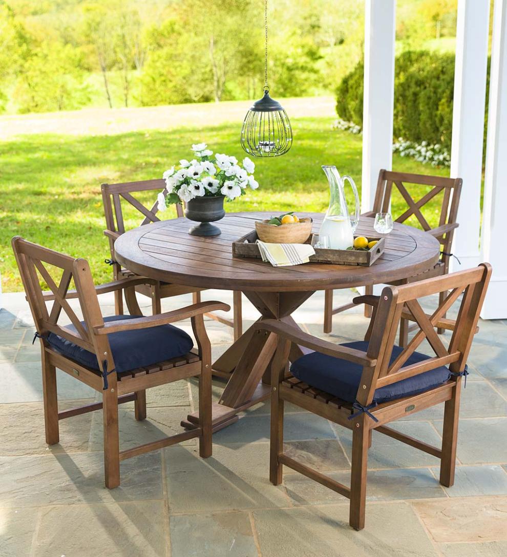 Plow &amp; Hearth Wood Furniture | Outdoor Living Claremont Eucalyptus Round Dining Table And Chairs