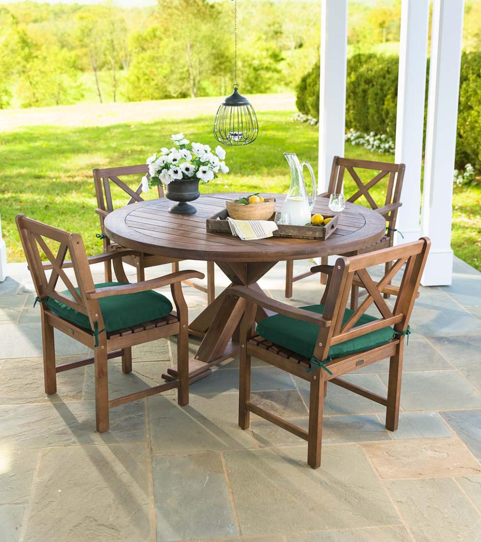 Plow &amp; Hearth Wood Furniture | Outdoor Living Claremont Eucalyptus Round Dining Table And Chairs