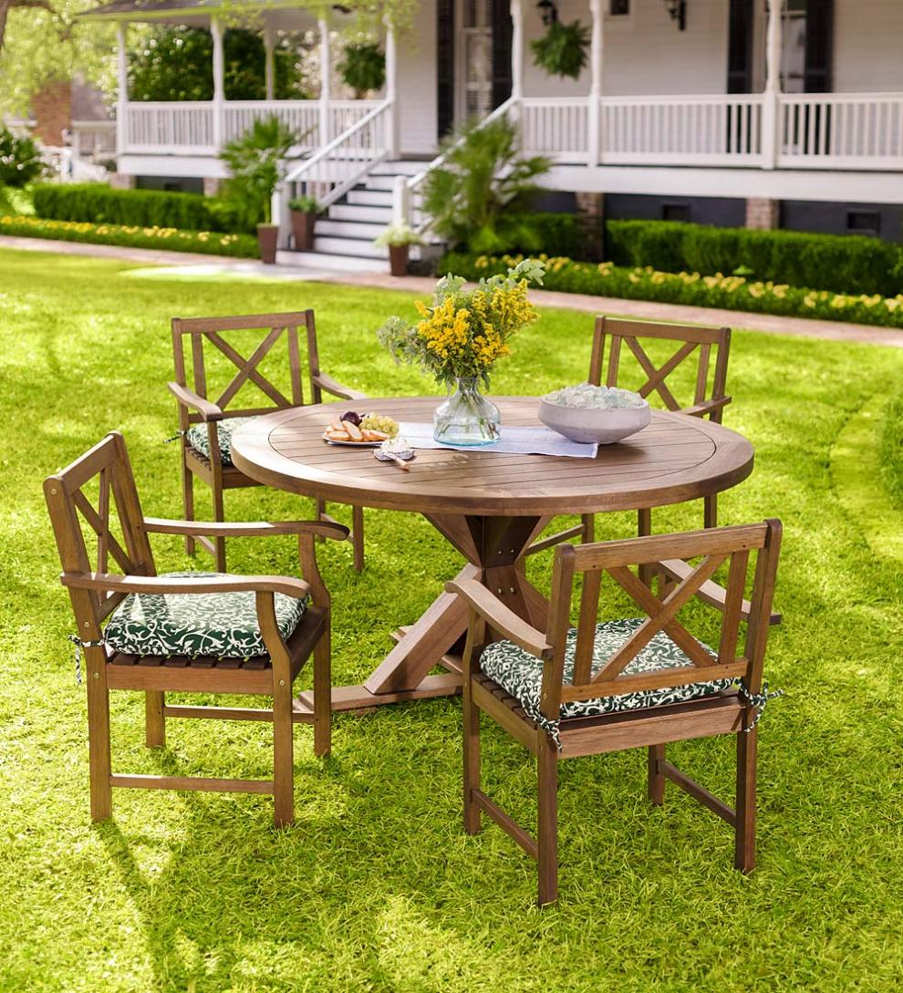 Plow &amp; Hearth Wood Furniture | Outdoor Living Claremont Eucalyptus Round Dining Table And Four Chairs - Natural