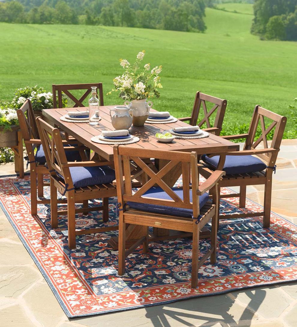 Plow &amp; Hearth Wood Furniture | Outdoor Living Claremont Outdoor Dining Furniture, Eucalyptus Table And Chairs