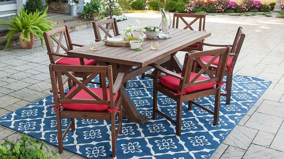 Plow &amp; Hearth Wood Furniture | Outdoor Living Claremont Outdoor Dining Furniture, Eucalyptus Table And Chairs