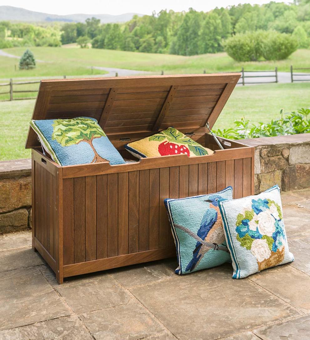Plow &amp; Hearth Wood Furniture | Outdoor Living Eucalyptus Wood Storage Box, Lancaster Outdoor Furniture Collection - Natural
