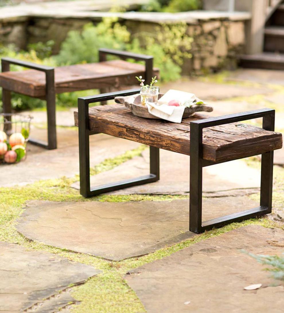 Plow &amp; Hearth Wood Furniture | Outdoor Living Reclaimed Wood And Iron Outdoor Bench - Bronze