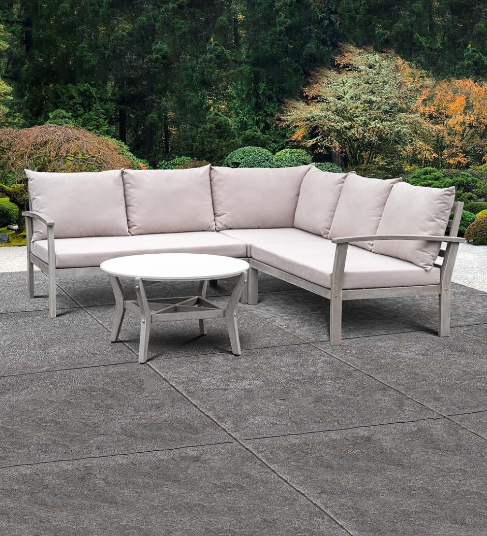 Plow &amp; Hearth Wood Furniture | Outdoor Living Ridgewind Outdoor Sectional Sofa Seating Set With Cocktail Table