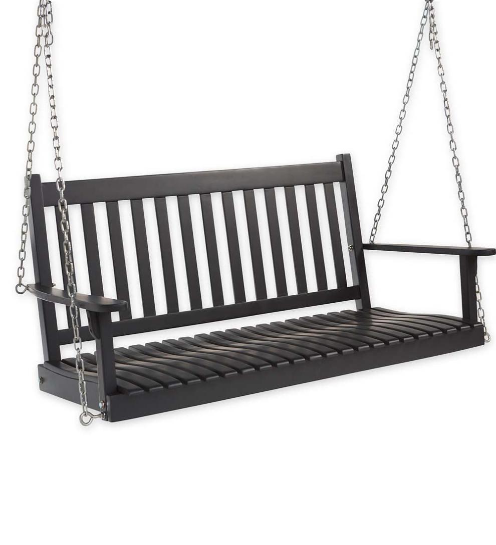 Plow &amp; Hearth Wood Furniture | Outdoor Living Slatted Wood Porch Swing - Black Paint