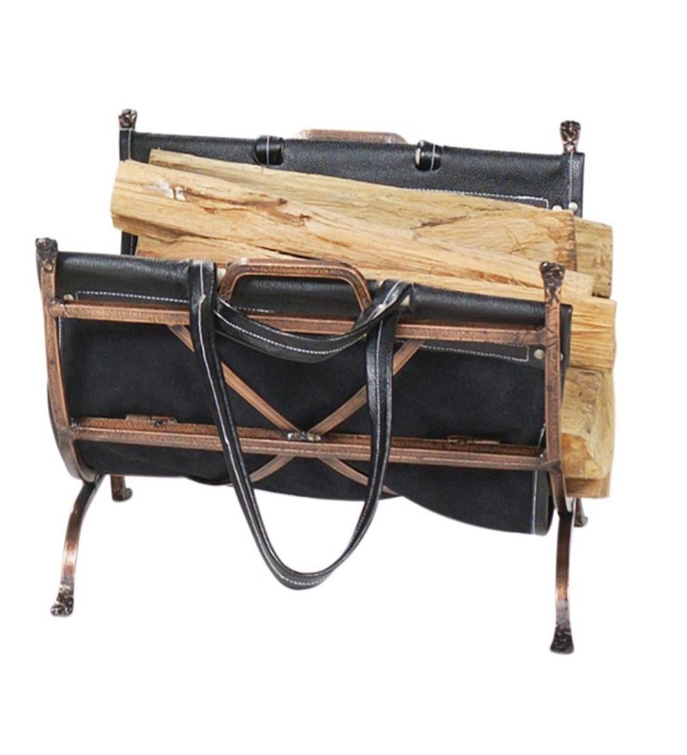 Plow &amp; Hearth Wood Storage &amp; Wood Racks | Fireplace &amp; Hearth Antique Copper Wrought Iron Log Holder With Leather Log Carrier - Antique Copper