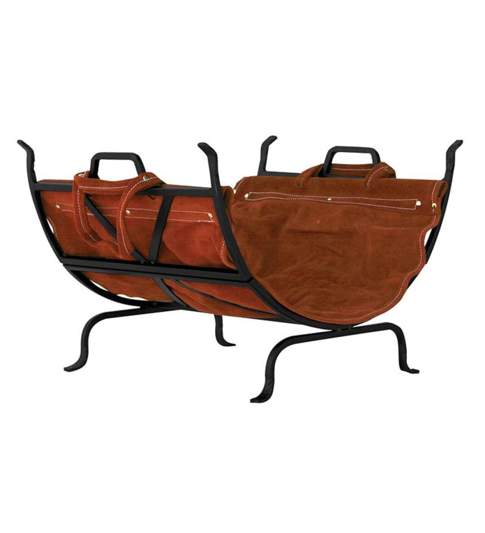 Plow &amp; Hearth Wood Storage &amp; Wood Racks | Fireplace &amp; Hearth Black Wrought Iron Log Holder With Leather Carrier - Black