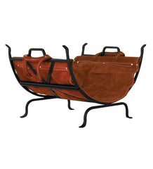 Plow &amp; Hearth Wood Storage &amp; Wood Racks | Fireplace &amp; Hearth Black Wrought Iron Log Holder With Leather Carrier - Black