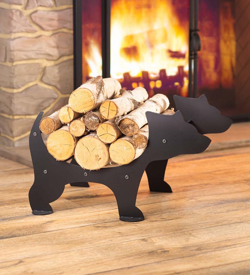 Plow &amp; Hearth Wood Storage &amp; Wood Racks | Fireplace &amp; Hearth Metal Bear Silhouette Log Holder