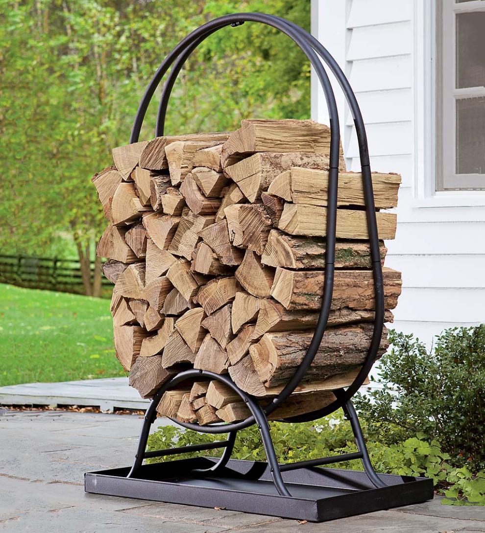 Plow &amp; Hearth Wood Storage &amp; Wood Racks | Fireplace &amp; Hearth Oval Wood Rack With Kindling Storage And Dirt Tray