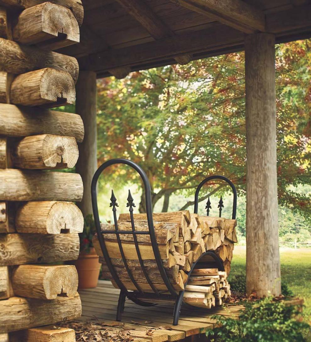 Plow &amp; Hearth Wood Storage &amp; Wood Racks | Fireplace &amp; Hearth Steel And Wrought Iron Curved Wood Rack With Finials And Optional Cover
