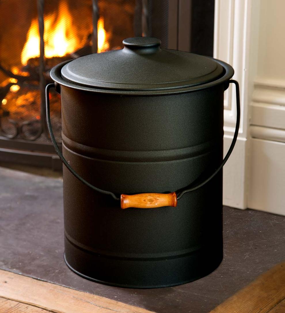 Plow &amp; Hearth Wood Stove Accessories | Fireplace &amp; Hearth Deluxe Galvanized Ash Bucket With Handle, Lid And Double-Layer Bottom - Charcoal Black