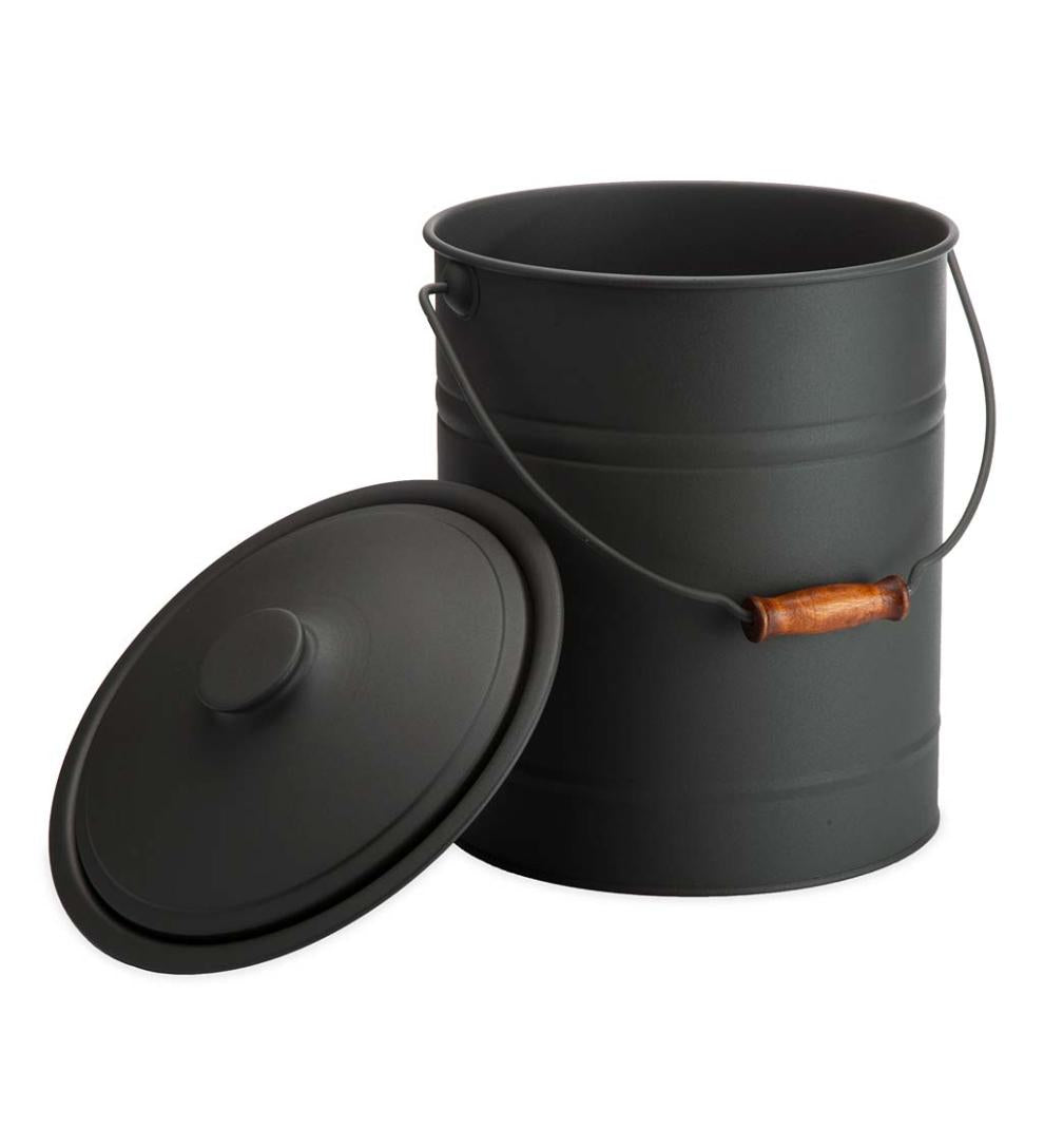 Plow &amp; Hearth Wood Stove Accessories | Fireplace &amp; Hearth Deluxe Galvanized Ash Bucket With Handle, Lid And Double-Layer Bottom - Charcoal Black