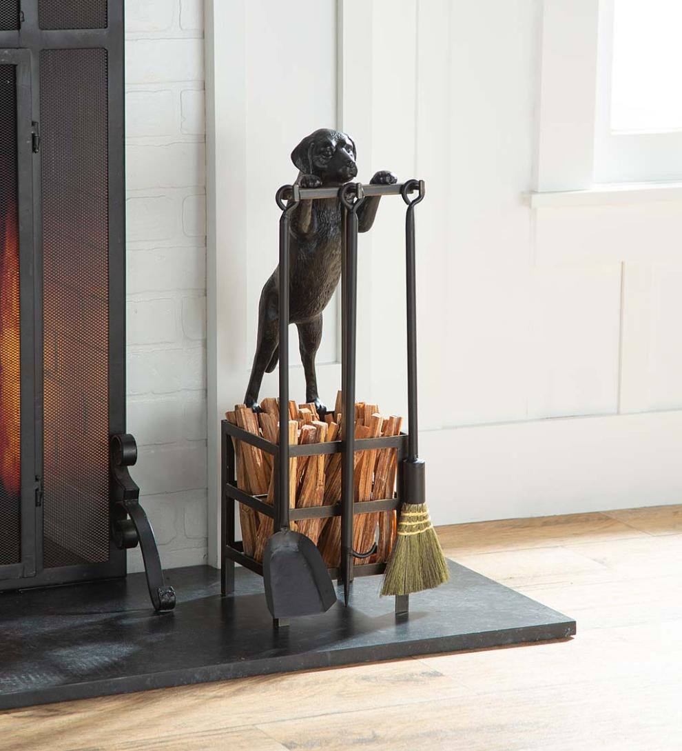 Plow &amp; Hearth Wood Stove Accessories | Fireplace &amp; Hearth Labrador Puppy Fireplace 3-Piece Tool Set With Fatwood Storage Space