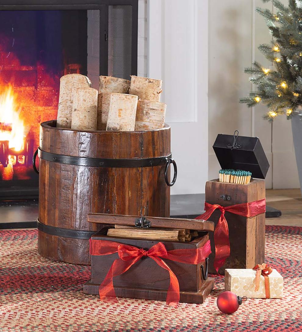 Plow &amp; Hearth Wood Stove Accessories | Fireplace &amp; Hearth Recycled Wood And Iron Fireplace Match Holder
