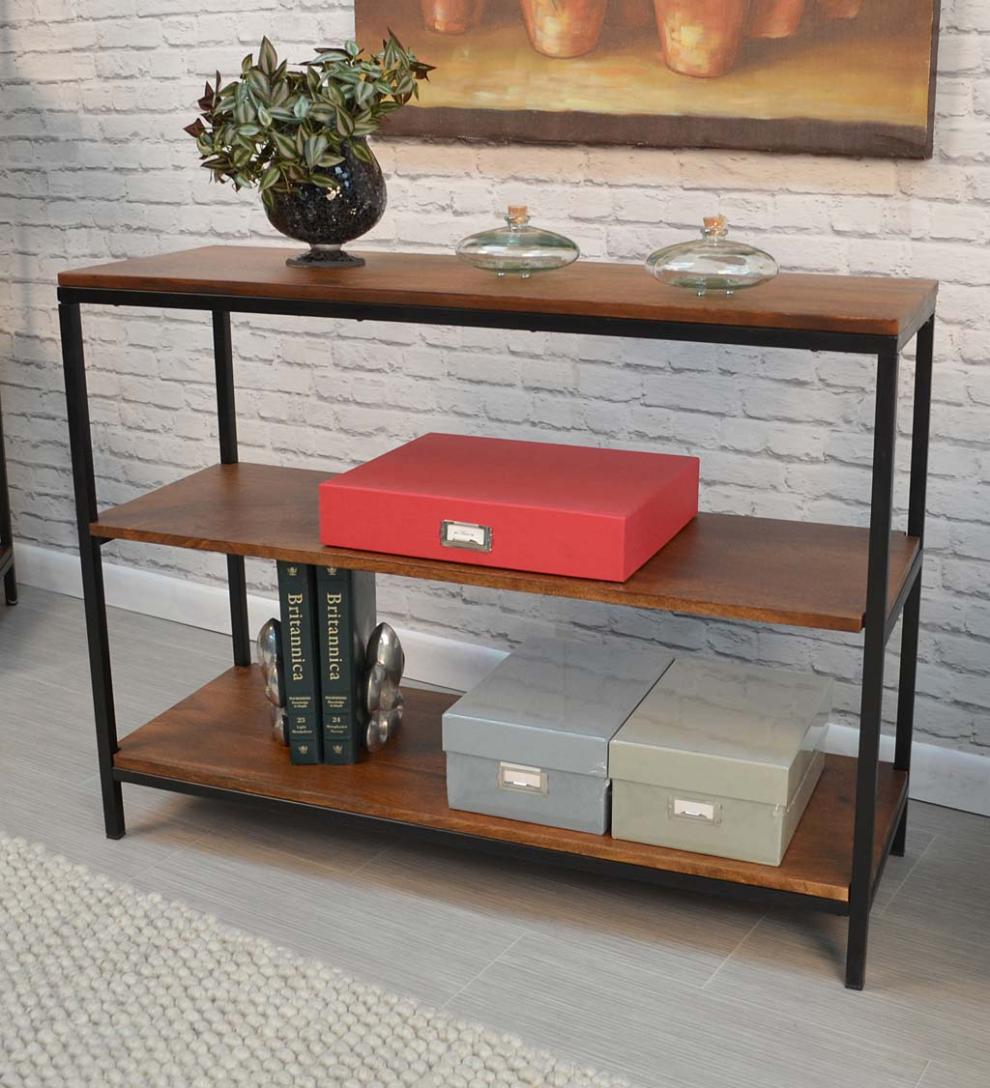 Plow &amp; Hearth Accent Tables | Indoor Living 30" High Three-Shelf Wood And Metal Bookcase/Console - Chestnut