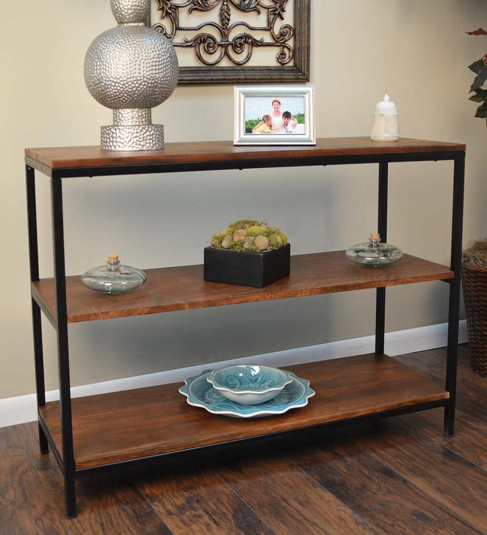 Plow &amp; Hearth Accent Tables | Indoor Living 30" High Three-Shelf Wood And Metal Bookcase/Console - Chestnut