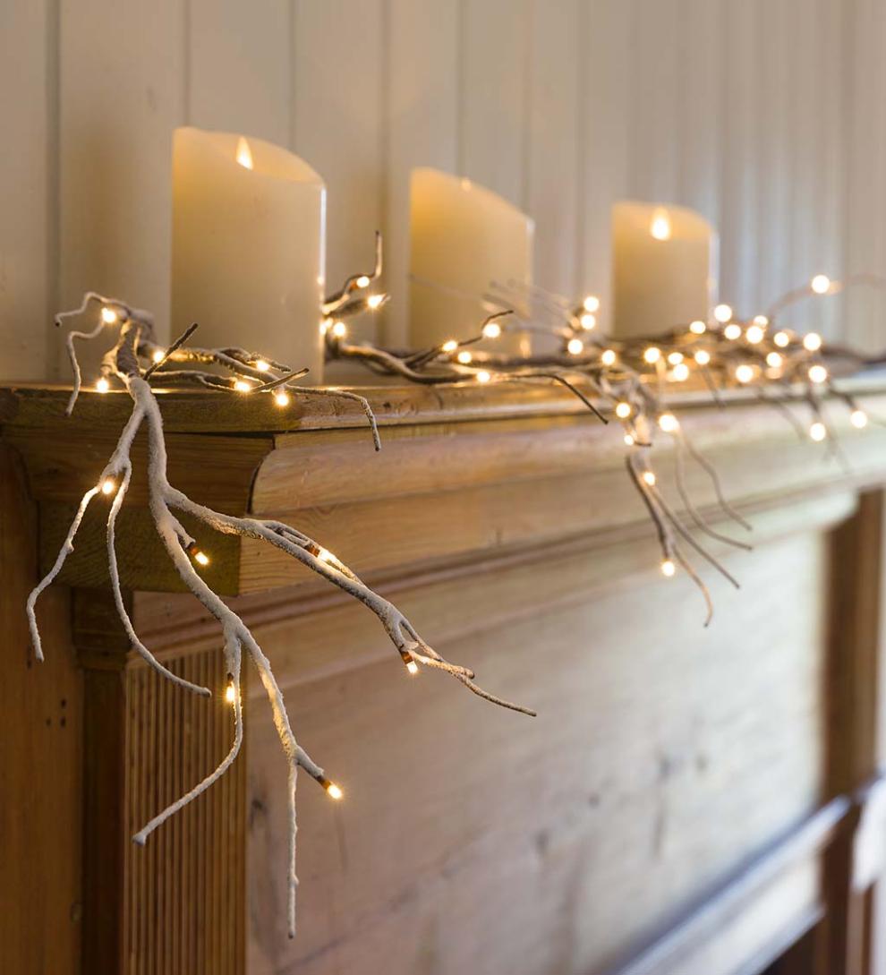 Plow &amp; Hearth Fireplace &amp; Mantel Décor | Fireplace &amp; Hearth Indoor/Outdoor Snowy Garland With 48 Micro Lights, 5'L