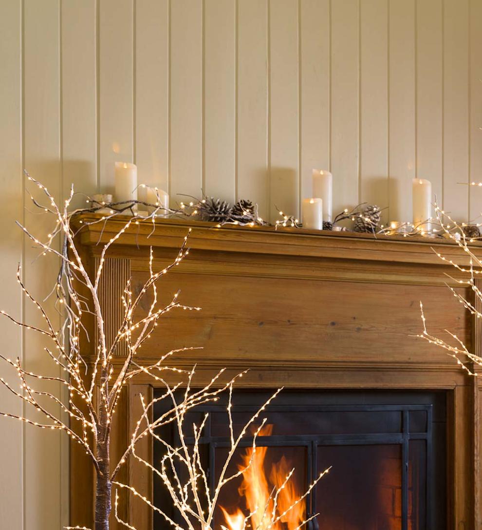 Plow &amp; Hearth Fireplace &amp; Mantel Décor | Fireplace &amp; Hearth Indoor/Outdoor Birch Garland With 165 Micro Led Lights, 5'L - Brown